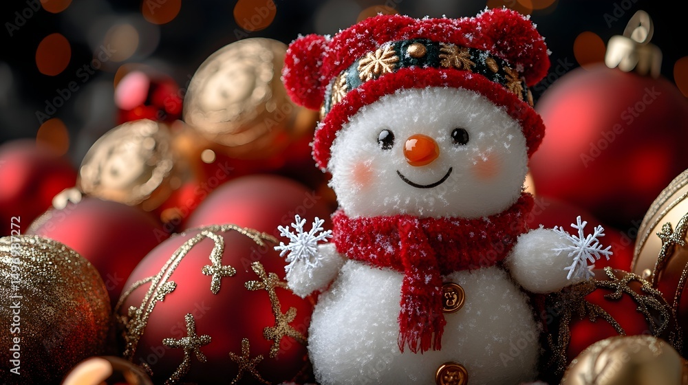 Cheerful snowman in red knit hat and scarf nestled amongst shiny red and gold Christmas baubles against a bokeh background Cheerful snowman in red knit hat and scarf nestled amongst shiny red and gold Christmas baubles against a bokeh background