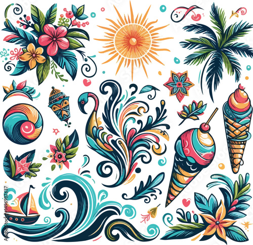 Bright and cheerful summer vacation vector design featuring tropical elements like palm trees, beach umbrellas, surfboards, sun hats, and waves. Ideal for travel posters, holiday promotions, and summe