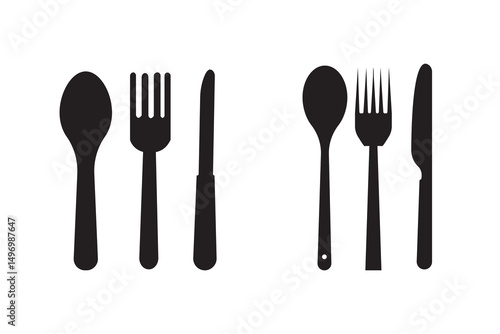 Spoon, knife, fork icon set, Dining silverware Silhouette, cutlery, Vector illustration.