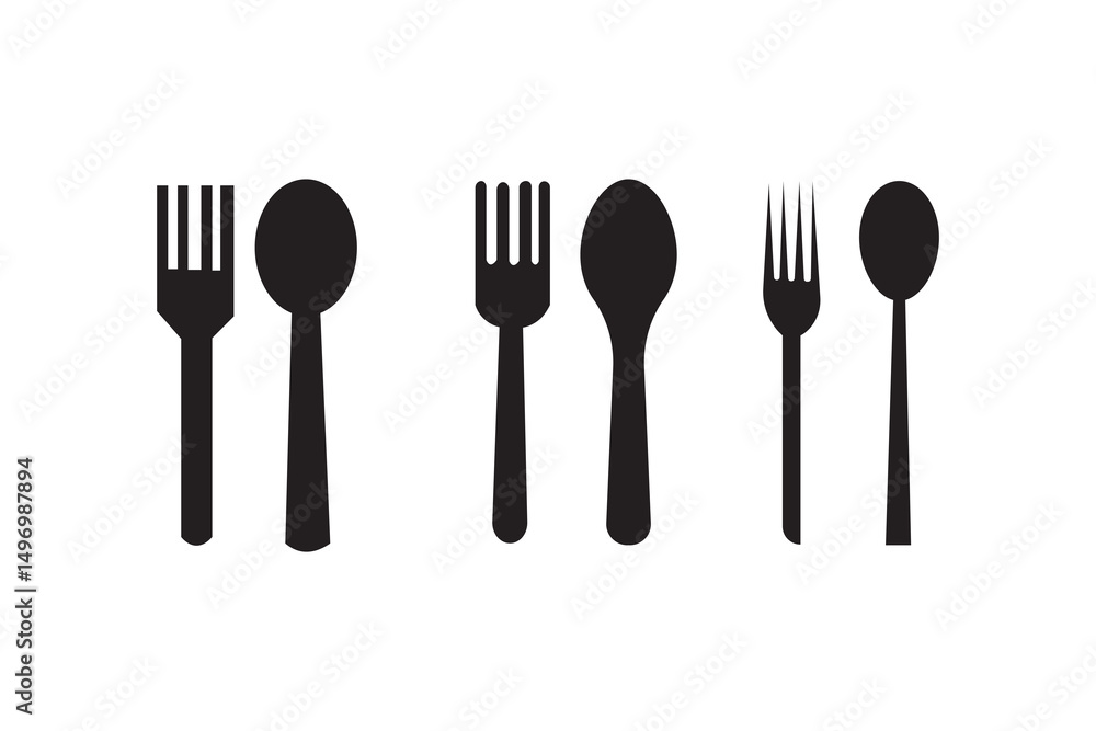Fork and spoon icon set. Eatery symbol. Kitchen utensil vector illustration. Tableware serving sign. Crossed fork and spoon pictogram. Menu button. Fork and spoon icon set. Eatery symbol. Kitchen utensil vector illustration. Tableware serving sign. Crossed fork and spoon pictogram. Menu button.