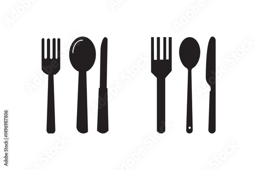 Spoon, knife, fork icon set, Dining silverware Silhouette, cutlery, Vector illustration.