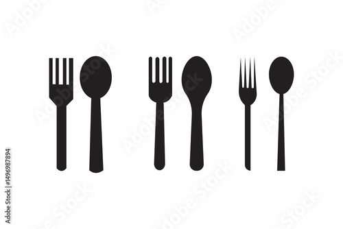 Fork and spoon icon set. Eatery symbol. Kitchen utensil vector illustration. Tableware serving sign. Crossed fork and spoon pictogram. Menu button.