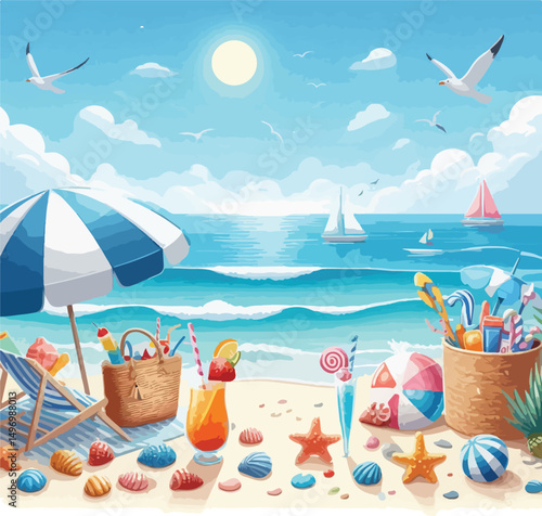 Bright and cheerful summer vacation vector design featuring tropical elements like palm trees, beach umbrellas, surfboards, sun hats, and waves. Ideal for travel posters, holiday promotions, and summe
