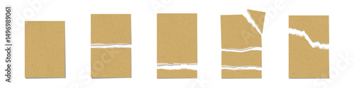 Set of torn pieces of cardboard brown sheet, Vintage kraft paper torn blank pages on black background, Vector illustration.