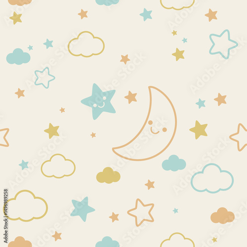 Baby stars and moon pastel color seamless pattern. Baby background, cute texture for newborn, kids bedding, fabric, wallpaper, wrapping paper, or textile. Cute style repeating pattern in beige neutral