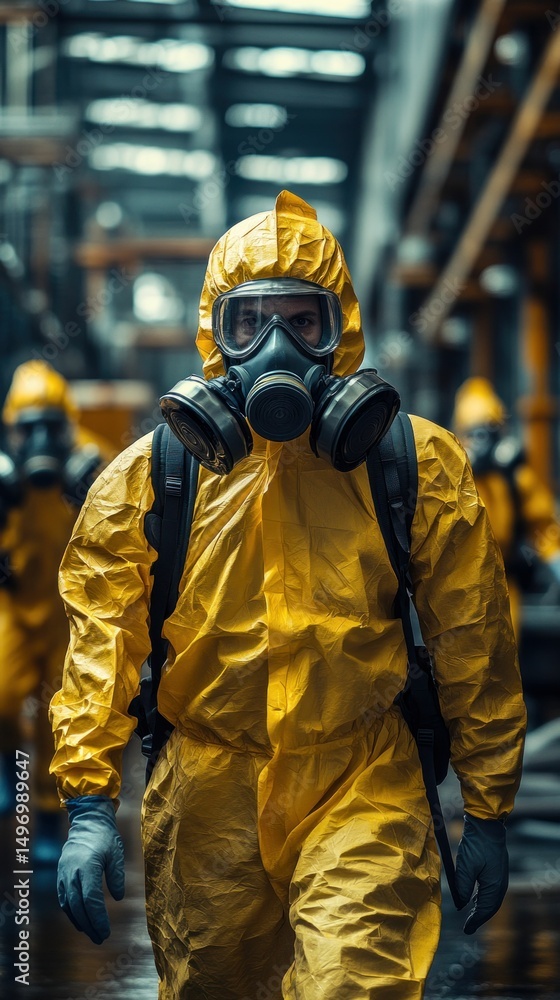 Hazmat Team in Industrial Setting: A Gripping Image of a Person in a Protective Yellow Hazmat Suit and Gas Mask Walking Through a Factory. Safety First! Hazmat Team in Industrial Setting: A Gripping Image of a Person in a Protective Yellow Hazmat Suit and Gas Mask Walking Through a Factory. Safety First!