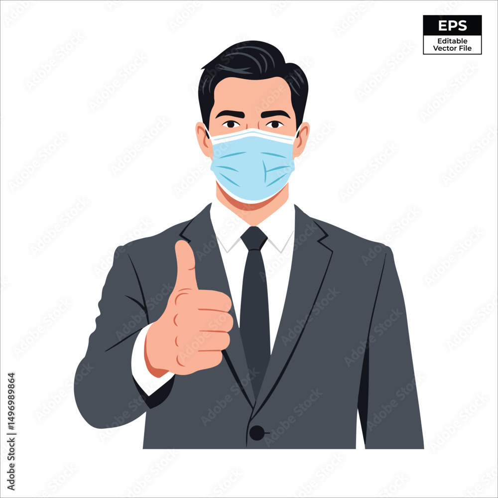 Flat Vector Illustration of a Businessman in a Suit Wearing a Blue Surgical Mask Giving a Thumbs Up – EPS File Flat Vector Illustration of a Businessman in a Suit Wearing a Blue Surgical Mask Giving a Thumbs Up – EPS File
