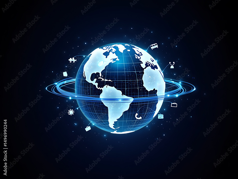 Fototapeta premium Global digital network connecting world with glowing data ring