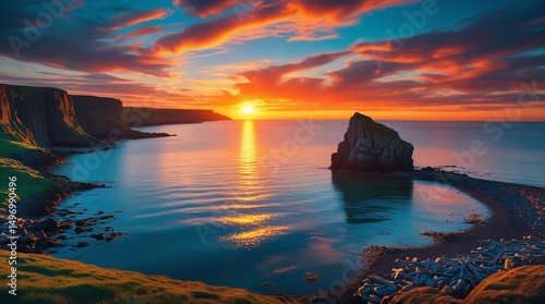 Sunset over a serene coastal landscape with a rock formation in the sea
