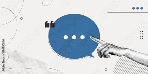 Trendy Halftone Collage Hand showing speech bubble message with dots. Social media discussion and communication. Space for quote, plan and idea. Paper texture. Contemporary vector illustration art