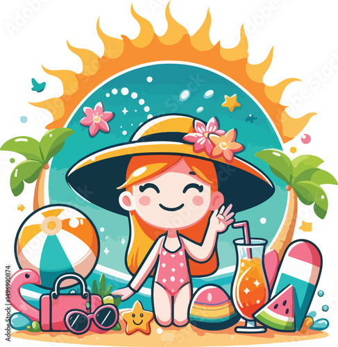 Bright and cheerful summer vacation vector design featuring tropical elements like palm trees, beach umbrellas, surfboards, sun hats, and waves. Ideal for travel posters, holiday promotions, and summe