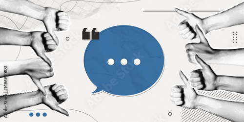 Trendy Halftone Collage Speech bubble messages and Hands with like and dislike gestures. Social media communication and discussion. Online feedback. Contemporary vector illustration art