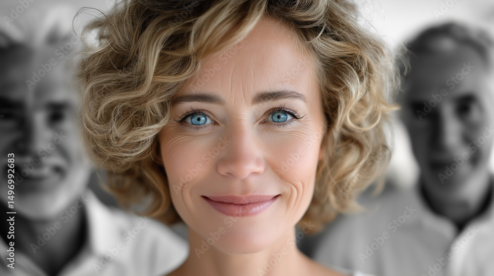 Fototapeta premium Porträt einer lächelnden blonden Frau mit zwei ernsten älteren Männern links und rechts