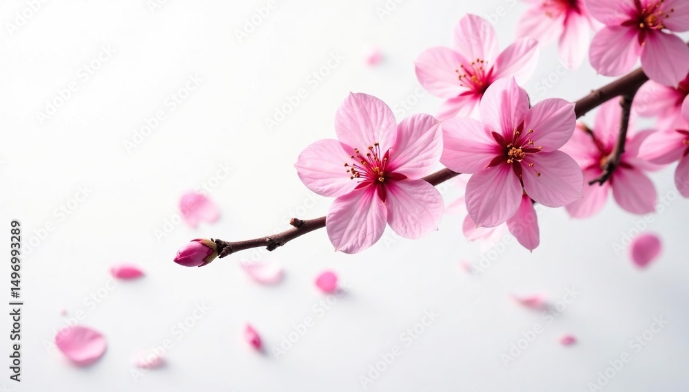 Obraz premium Vibrant sakura branch, scattered petals, white background , pattern, beautiful