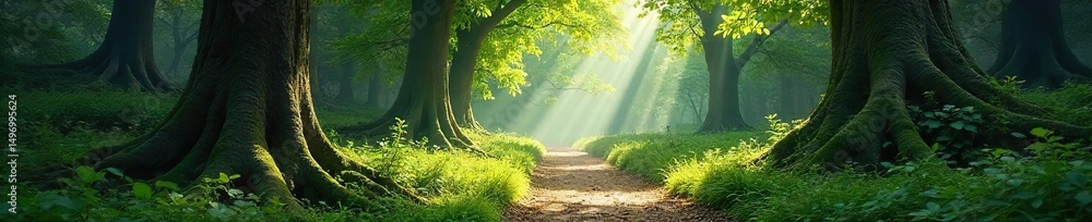 Obraz premium Enchanted forest path winding through ancient trees, dappled sunlight filtering through leaves, magical atmosphere , ancient, sunlight