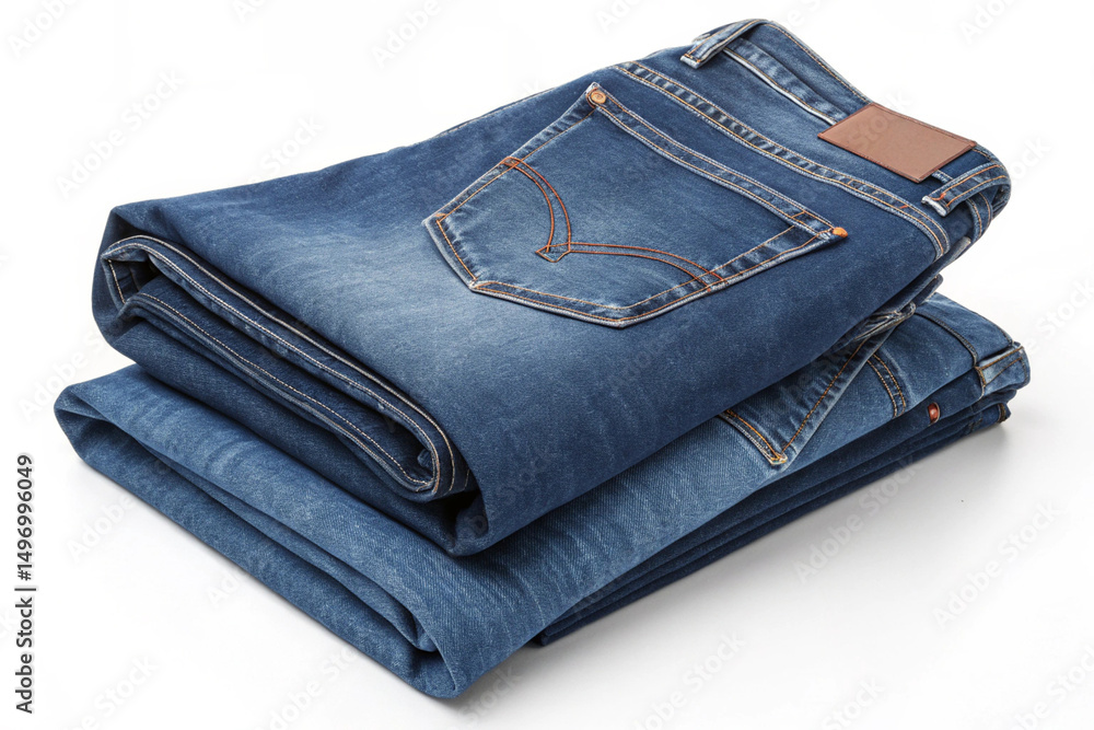 Neatly folded stack of blue jeans on white background Neatly folded stack of blue jeans on white background