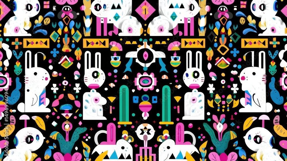 Fototapeta premium Abstrakte Hasenmuster, psychedelisches Design, folkloristische Elemente