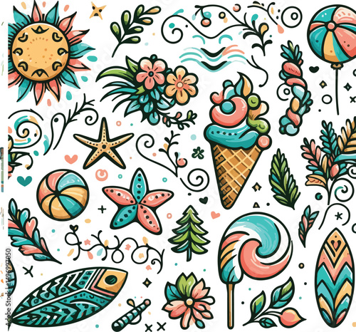 Bright and cheerful summer vacation vector design featuring tropical elements like palm trees, beach umbrellas, surfboards, sun hats, and waves. Ideal for travel posters, holiday promotions, and summe