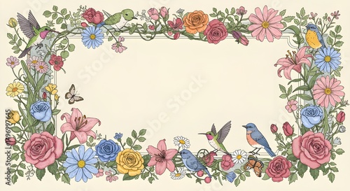 Card cover illustration of flowers and birds with hovering butterflies in the frame, empty center for text