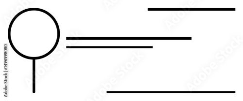 Magnifying glass paired with horizontal lines represents search focus, investigation, or process efficiency. Ideal for research, analysis, organization, navigation, discovery, guidance flat simple