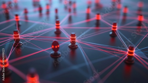 Network connections visualized with red lines and luminous black nodes illuminating