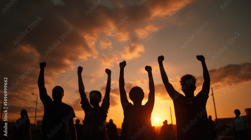 Fototapeta premium Silhouetted Crowd Raising Fists at Sunset, Symbolizing Social Justice and Collective Empowerment for Community Engagement and Activism Campaigns : Generative AI