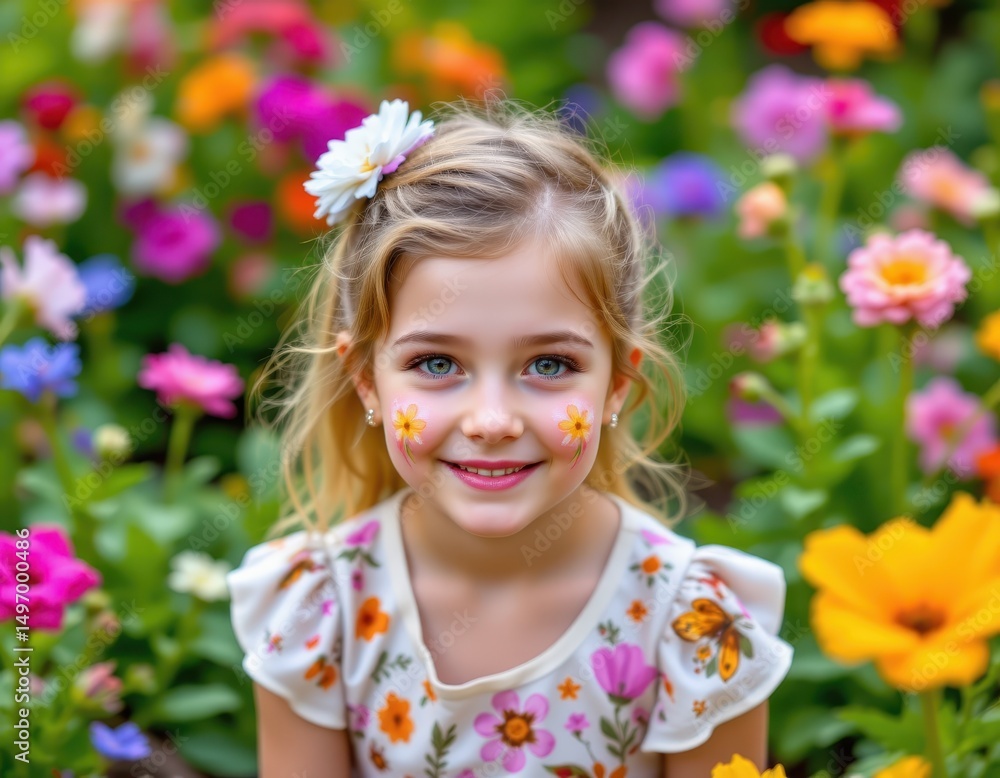 portrait of girl with flower painted cheeks in garden, playful nature bond portrait of girl with flower painted cheeks in garden, playful nature bond