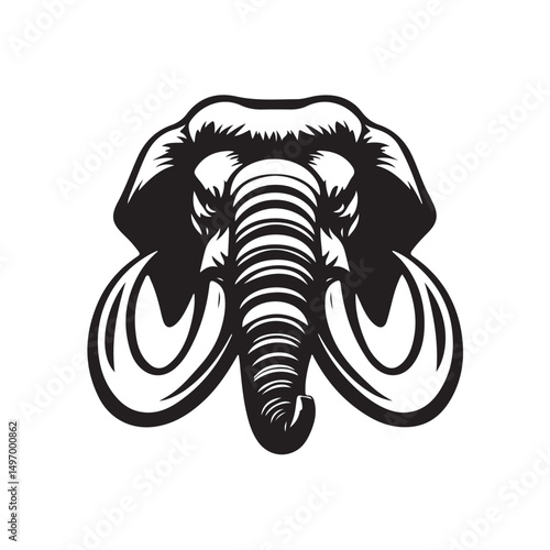 Vector illustration of a mammoth head with distinctive features such as large tusks and thick fur, representing an ancient Ice Age creature