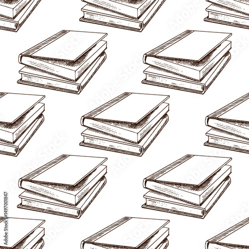 Seamless pattern with hand drawn vintage sketch of stacked closed books in brown ink engraving style