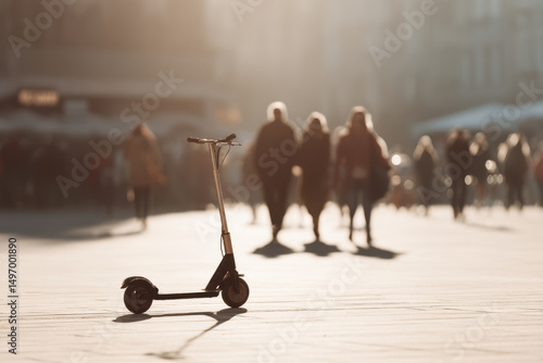 electric scooter stands prominently in bustling city square surrounded by people and urban life