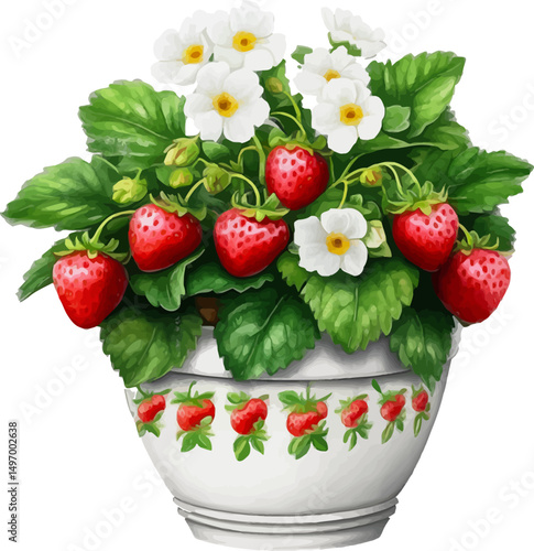 Watercolor painting of a vibrant strawberry plant with lush green leaves and plump red strawberries - vector illustration