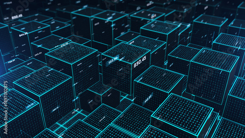Fototapeta Naklejka Na Ścianę i Meble -  Digital blockchain cubes with binary code, representing secure data transactions, decentralized systems, Cryptographic technology, Modern business technology concept 3D Rendering