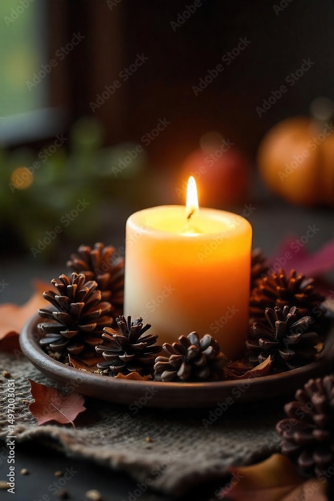 Cozy autumn scene featuring a flickering candle nestled amongst rustic pine cones, casting a warm glow Perfect for fall, winter, or holiday themes , texture, branches, evergreen Cozy autumn scene featuring a flickering candle nestled amongst rustic pine cones, casting a warm glow Perfect for fall, winter, or holiday themes , texture, branches, evergreen