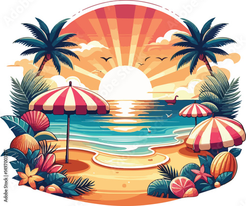 Bright and cheerful summer vacation vector design featuring tropical elements like palm trees, beach umbrellas, surfboards, sun hats, and waves. Ideal for travel posters, holiday promotions, and summe
