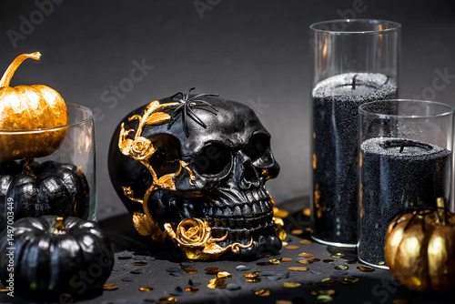 Wallpaper Mural A mysterious black skull with golden roses and pumpkins for a Halloween or Day of the dead party on a black grunge background. Torontodigital.ca