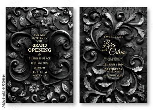 Floral deco wedding invitation template, business brochure template, luxury black and white flyer design, universal background, versatile vector background, creative brochure template, party