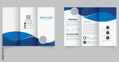 Clean and modern trifold brochure template featuring a blue wave design, placeholders for images, and minimal layout. Ideal for business, marketing, and corporate branding purposes. Editable image.