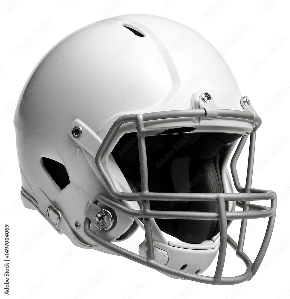 Fototapeta premium White American football helmet with a grey faceguard and chinstrap shown from the front angle on transparent background.
