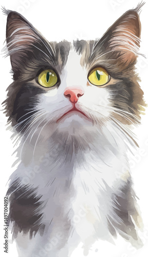 Watercolor portrait of a short-haired calico cat with a colorful mix of orange, black, and white fur - vector illustration