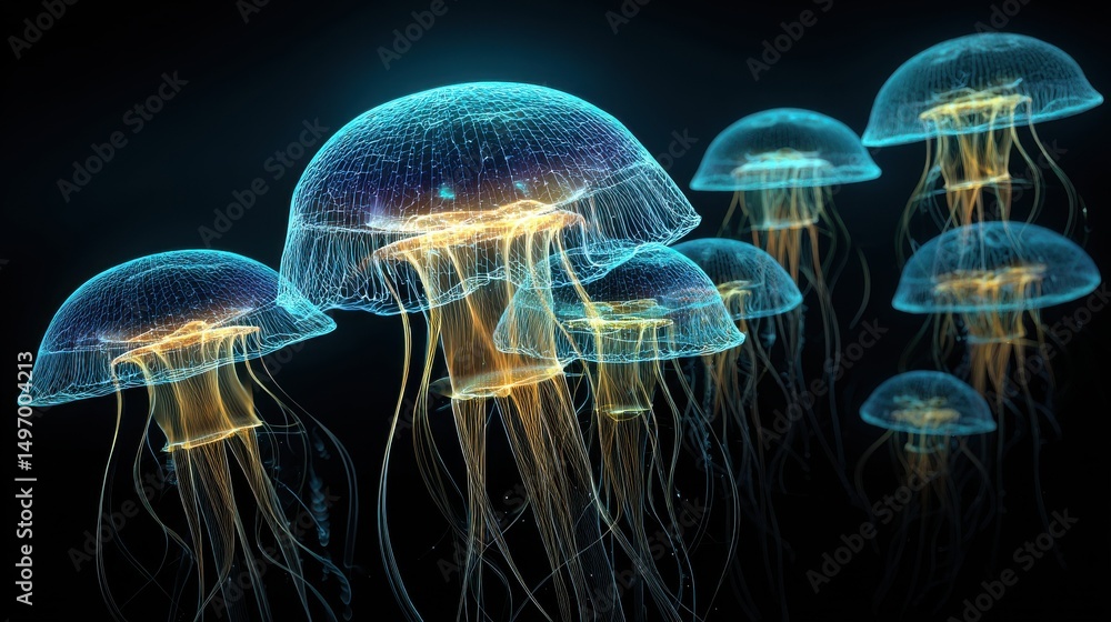 Fototapeta premium glowing sea jellyfishes on dark background, neural network generated art. Digitally generated image. Not based on any actual scene or pattern.