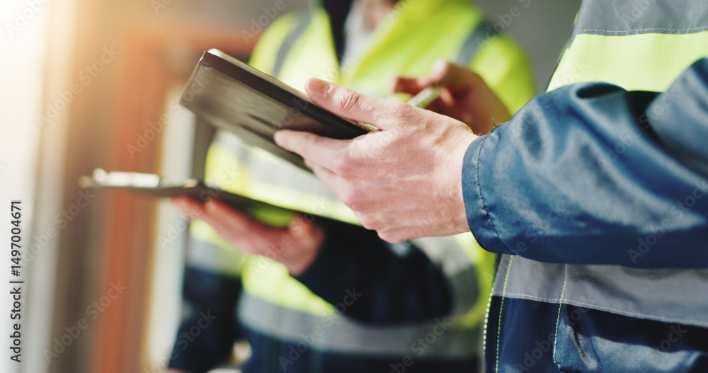 Naklejka premium Hands, construction worker and tablet for meeting, review and team with safety report at site. People, engineer and architect with touchscreen, checklist and application for survey at property