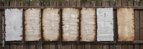 Multiple glued paper posters on a weathered wooden fence  Showing different degrees of damage and fading , vintage, fading, damage