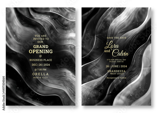 Wave art wedding invitation template, business brochure template, luxury black and white flyer design, universal background, versatile vector background, creative brochure template, party invitation