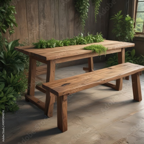 Rustic wooden table with lush greenery & earthy tones,  summer,  vintage,  photo