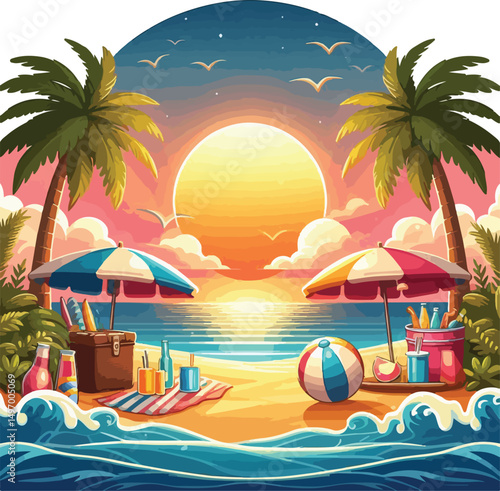Bright and cheerful summer vacation vector design featuring tropical elements like palm trees, beach umbrellas, surfboards, sun hats, and waves. Ideal for travel posters, holiday promotions, and summe