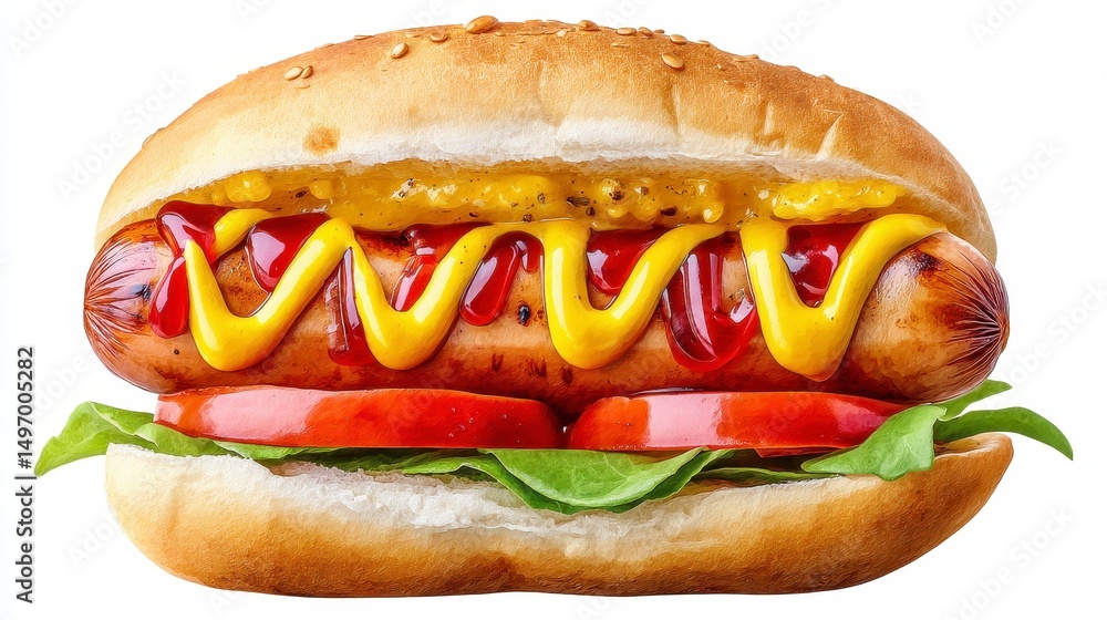 Watercolor Hot Dog with Mustard and Ketchup Watercolor Hot Dog with Mustard and Ketchup