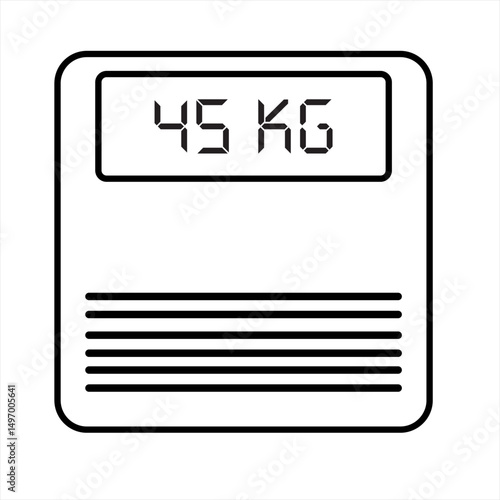 Line icon illustration of digital body weight scale in kilograms, blue in color, used in the healthcare field, isolated on white background
