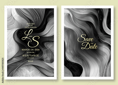Wedding invitation template, business brochure template, elegant wave line art black and white flyer design, universal background, versatile vector background, creative brochure template, party