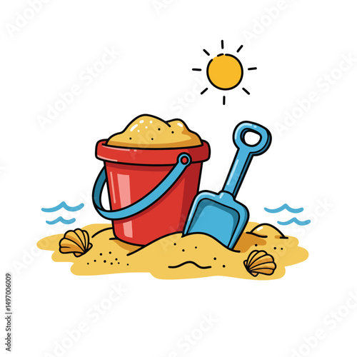 Sand in red bucket with blue shovel. Kid toys for building sand castle in beach vacation. Summer doodle icon vector illustration isolated on white background