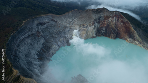 aerial view of the interior of a volcano crater, with a lake of sulphur. Java, Indonesia - 19th March 2025